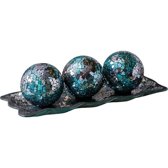 New 12.4" Mosaic Glass Decorative Tray with 3 Decorative Orbs, Living Room Decor - Picture 5 of 12
